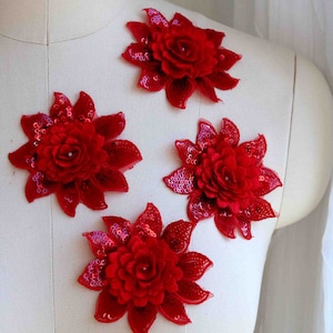 Dentelle florale à sequins 3D ROUGE VIF, dentelle à une fleur, costume de danse appliqué en dentelle florale, dentelle pour la tête, lacet de chaussure, fleur de poignet A153-C