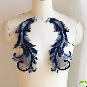 BLEU MARINE, appliques de dentelle à sequins queue de phénix bleu glacier, paire de miroirs pour costume de danse, robe de bal, robe de reconstitution historique, costume de ballet A137-A