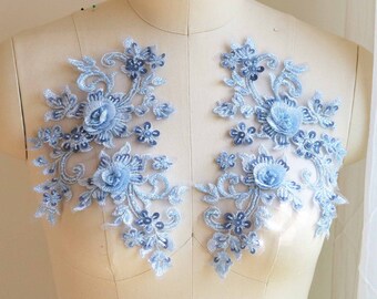 Embroidered Lace Appliques Blue Floral Venice Lace Mirror Pair DIY Sewing Craft Motifs 15 DH80X-bl