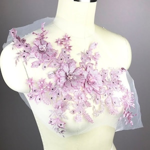 PINK & SILVER 3D Corded Bodice Lace Appliqué with Pearls and Beads for Prom Dress, Evening Dress, Couture Dance Costume, Ballet A036-F