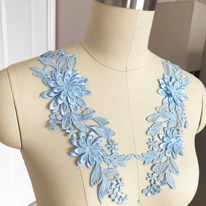 Aplique de renda Veneza 3D AZUL BEBÊ para roupas, renda traje de dança azul céu, renda de vestido de noite, renda de vestido de baile, par espelhado A028-E