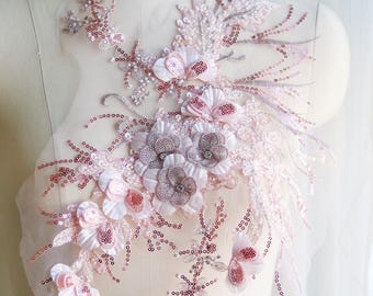 Rose Gold Pink 3D Petal Lace Applique with Beads, Sequin, and Rhinestones for Dancing Skating Costume, Gown, Prom Dress A270-a