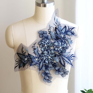 Apliques de renda azul marinho com flores 3D, lantejoulas, miçangas e strass de 2 quilates para traje de dança, vestido de baile A098-I