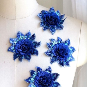 BLEU ROYAL SARCELLE Applique de dentelle florale à sequins 3D, dentelle pour une seule fleur, fleur pour costume de danse, pièce en dentelle pour la tête, lacet de chaussure, fleur pour poignet A153-K