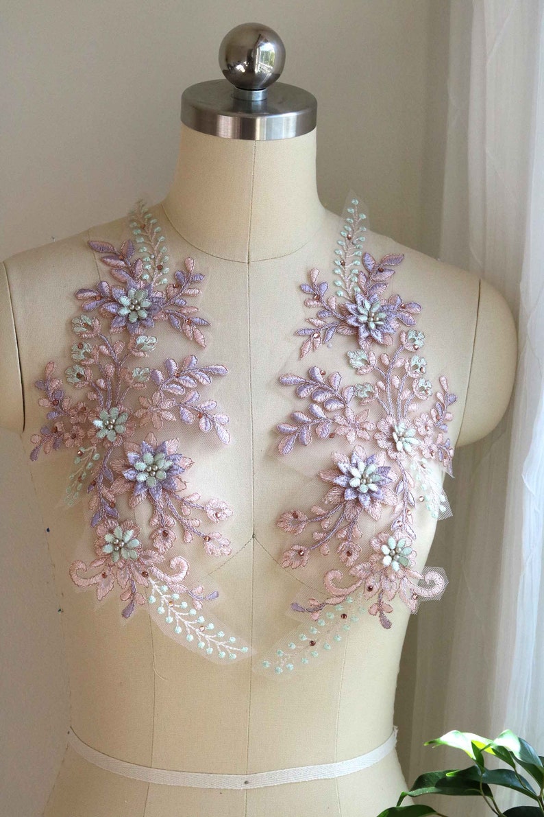 A154-b Pink Mint Lavender Corded Lace Applique, Large Mirror Pair Lace, Dancing Costume Lace Applique, 3D Lace Applique, Pearl Beaded Lace image 5