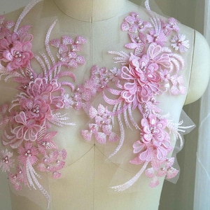 PINK 3D Pearl Beaded Embroidered Flower and Leaf Lace Applique for Couture Costumes, Evening Gowns, Ballet, Prom Dresses A158-H