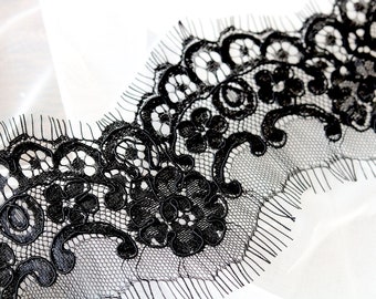 T041-b Black Eyelash Lace Trim, 3.5 inches Corded Eyelash Bridal Veil Lace, Fine Alencon Lace Trim, Scalloped Wedding Dress French Lace Trim