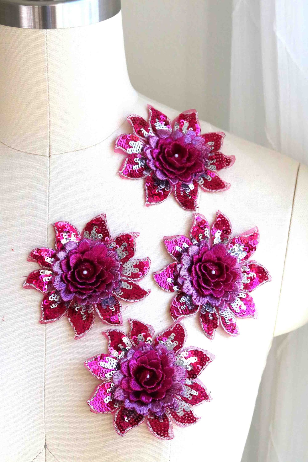 HOT PINK 3D Sequin Flower Lace, Single Flower Lace, Dancing