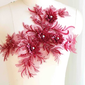 BURGUNDY 3D Embroidered Beaded Lace Applique with Sequins, 2 Carat Rhinestone, Floral Leaf Pattern for Garments and Costumes A138-E