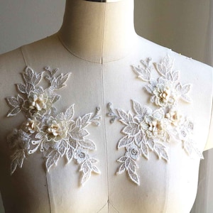 LIGHT CHAMPAGNE 3D florale Spitze Applikation mit Blumen und Blättern, Vanille Creme Spiegel-Paar für Tanzende Kostüme, Kleidung, Kleider A189-K