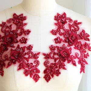 BURGUNDY Handmade Sweetheart Applique, 3D Sewing Lace Patch, Beaded with Sequin, Mirrored Pair for Dance Costume, Dress, Ballet, Gown A140-L