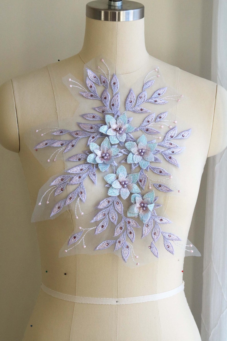 A183-e Lavender Mint Lace Appliqué 3D Beaded Pearl Appliqué | Etsy