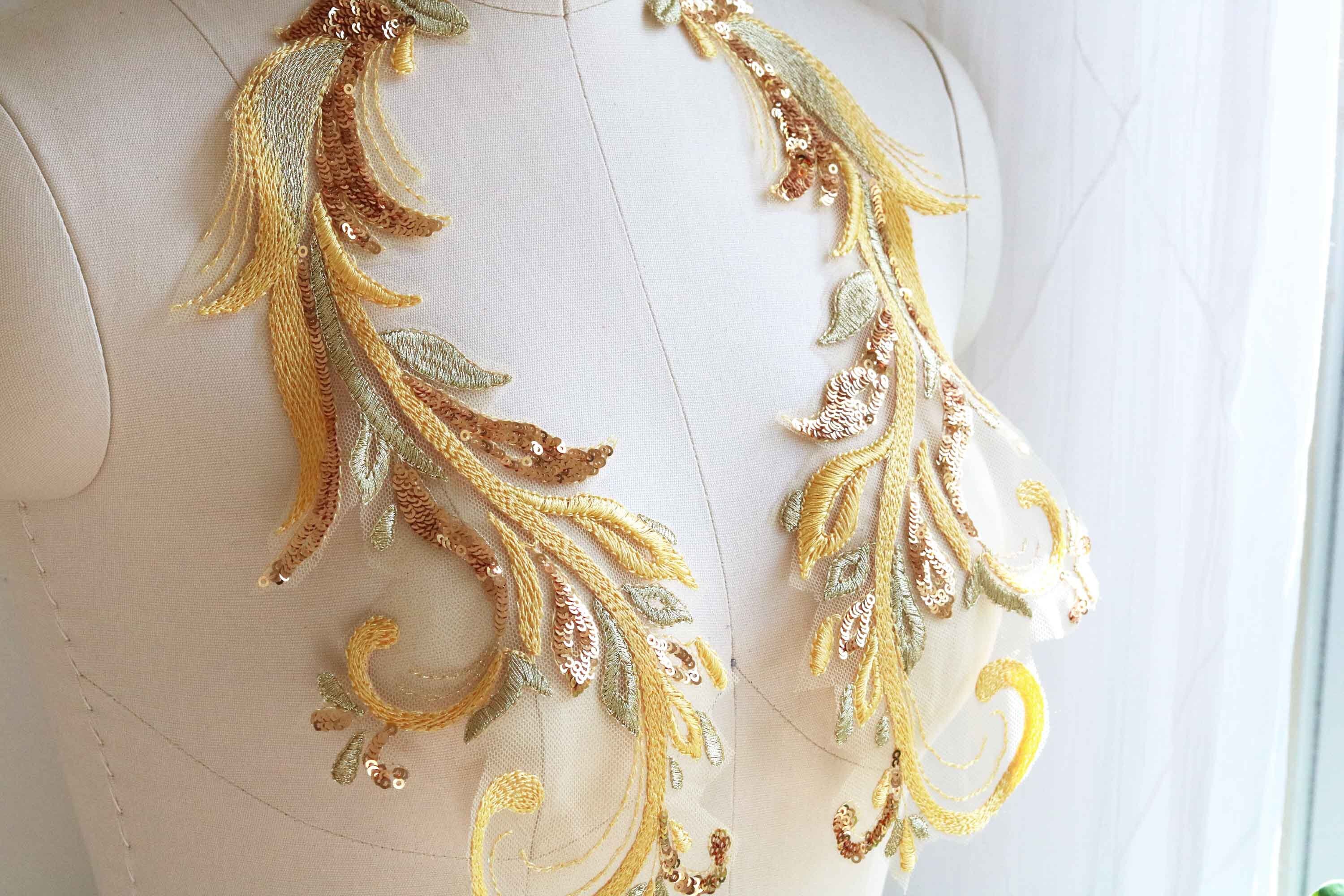 A137c Gold Sequin Lace Applique Yellow Lace Appliqué for Etsy
