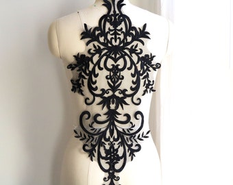 BLACK Embroidered Bridal Lace Applique, High Quality Bodice Lace for DiY Wedding Gowns, Veils, Garter Lace, Ballet, Elegant Dresses A049-B