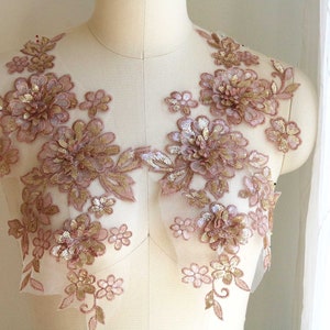 Apliques de encaje con lentejuelas brillantes en 3D en oro rosa, diseño floral, par reflejado para disfraz de baile, ballet, salón de baile o vestido de noche A231-E