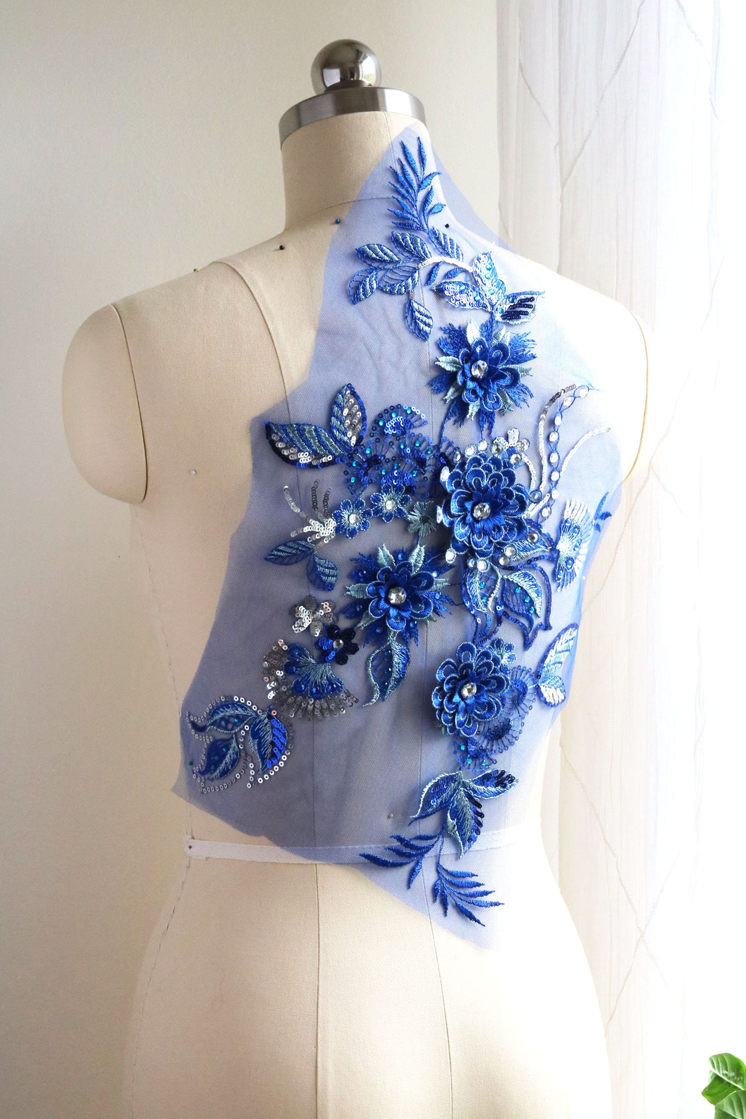 Large Crystal Lace Applique Royal Blue 3D flower Lace | Etsy