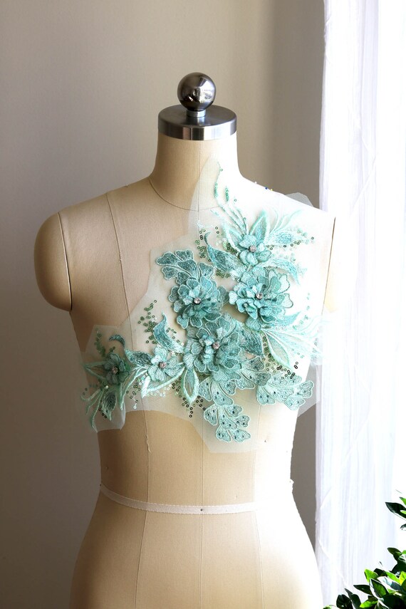 GREEN MINT Embellished Lace Applique With 3D Flowers, Sequin, Beads, and 2  Carat Rhinestones for Dancing Costume, Gown, Prom Dress A098-B - Etsy