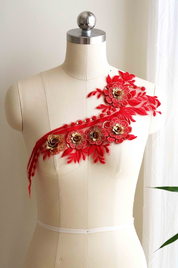 Pearl Beaded Applique Dancing Costume Lace Lyrical Dancing Costume Lace 3D Lace Applique A166-a Rose Gold Lace Appliqu\u00e9