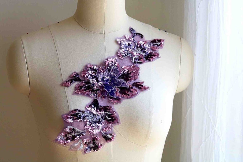 3d Sequin Lace Applique Lace Applique Bling Dancing Costume Lace Applique Purple A190-a Purple Sequins Lace Applique Shiny Lace Applique
