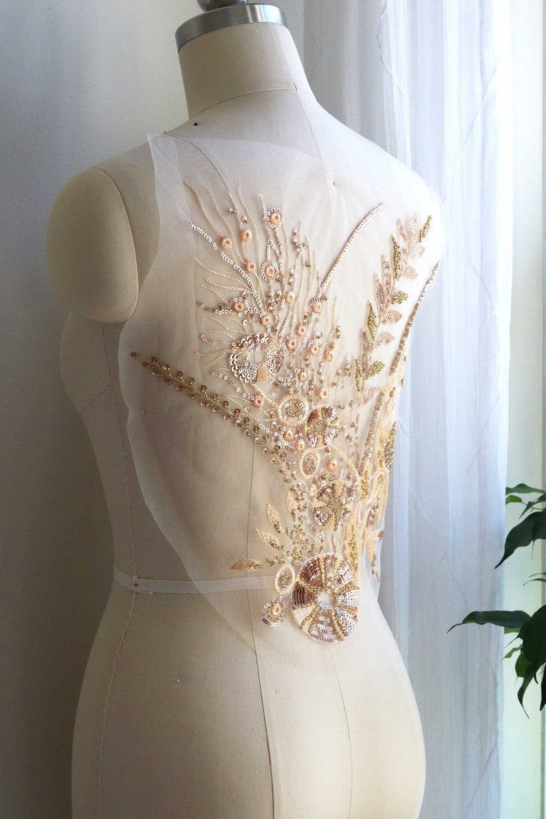 A170-b Gold Lace Applique Unique Lace Applique Bodice Lace Gold Champagne Gold Dancing Costume Lace Applique Heavy Beaded Lace Applique