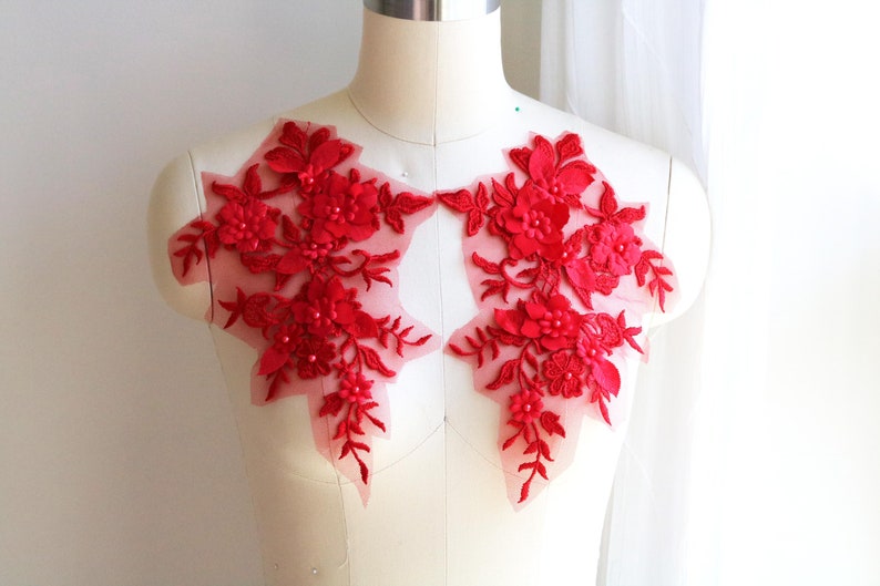 Bright Red Lyrical Dancing Lace Bead on Pearl Lace Applique Red Dancing Costume Lace Applique A139-c Red 3D Lace Applique Mirror Pair