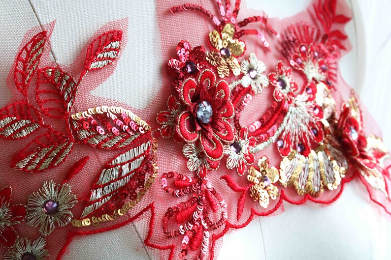 Red Gold Lace Applique Small 3D Flower Lace Applique Crystal Etsy