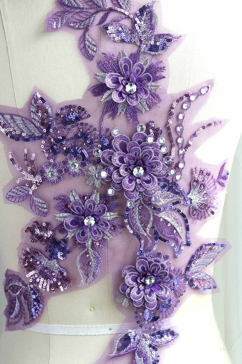 Purple 3D Flower Lace Applique Large Crystal Lace Applique Etsy Ireland