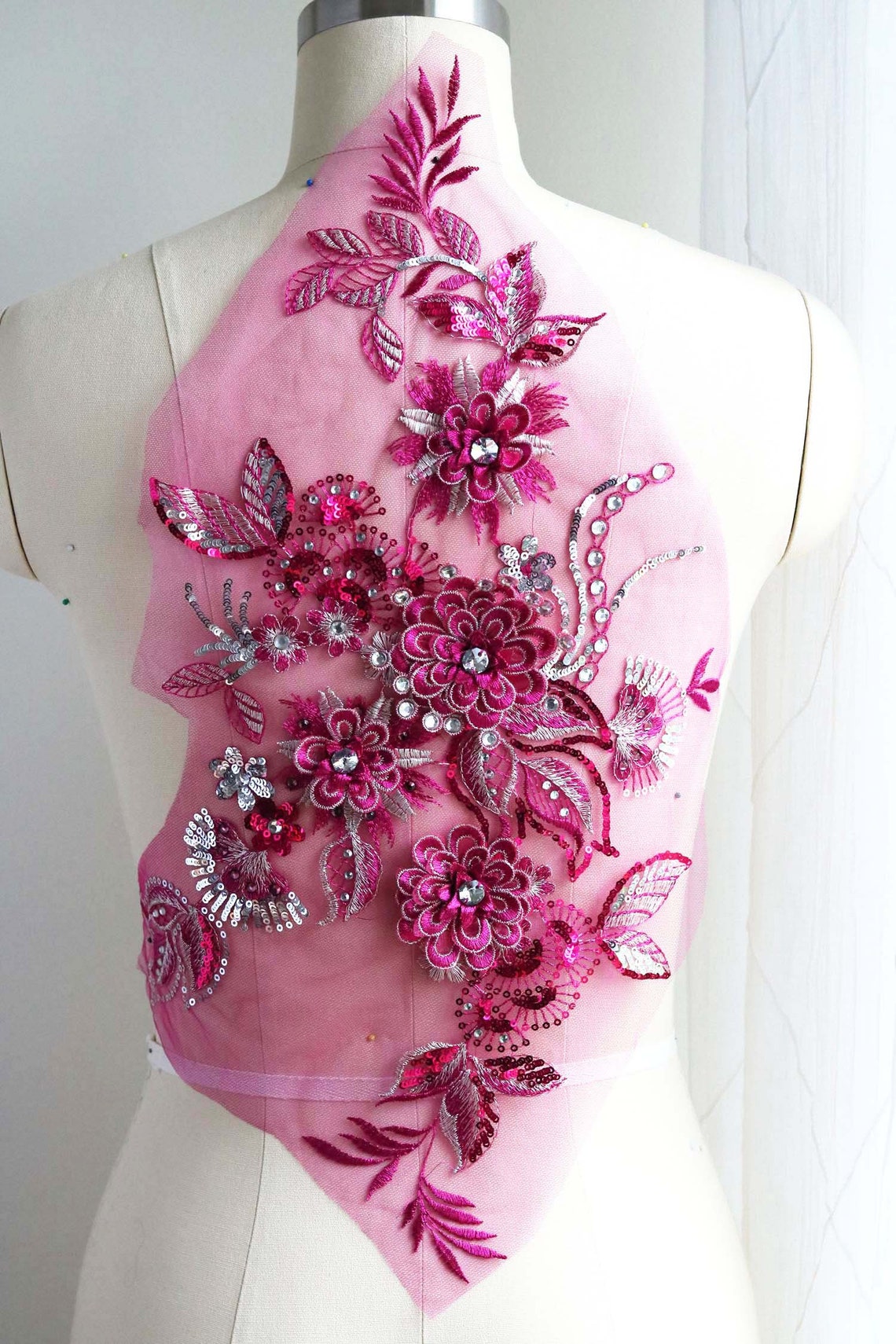 Large Crystal Lace Applique Hot Pink 3D Flower Lace Applique Etsy