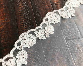 T004 1.5 Inch Bridal Dress Lace Trim, Garter Lace, Corded Lace Trim, Alencon Lace Trim, DIY Bridal Veil Lace, Rayon Lace Trim, sell by yard