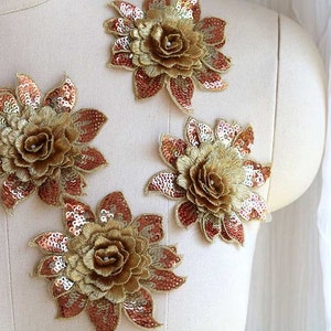 Applique de dentelle de fleurs à sequins 3D OR, dentelle à une seule fleur, costume de danse appliqué de dentelle de fleurs, bandeau, lacet de chaussure, fleur de poignet A153-I