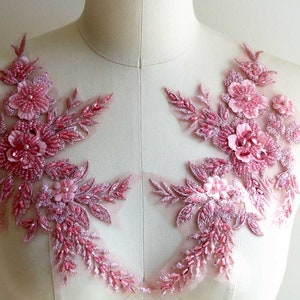 ROSE GOLD 3D Hand Beaded Lace Applique, Mirrored Pair for Lyrical Dancing Costume, Ballroom Gown, Ballet, Prom Dress. Heavily Beaded A011-M