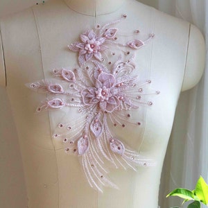 ROSE GOLD 3D Pearl Beaded Sparkling Lace Patch Applique for DIY Wedding Dress, Ballroom Dress, Gowns, Prom Dress, Formal Wear, Pink A135-D