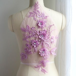 Aplique de encaje bordado con flores de cristal 3D de color PÚRPURA CLARO con pedrería para disfraz de danza lírica, vestido de fiesta. Grande y Pequeño A131-A