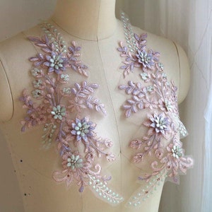 A154-b Pink Mint Lavender Corded Lace Applique, Large Mirror Pair Lace, Dancing Costume Lace Applique, 3D Lace Applique, Pearl Beaded Lace image 4