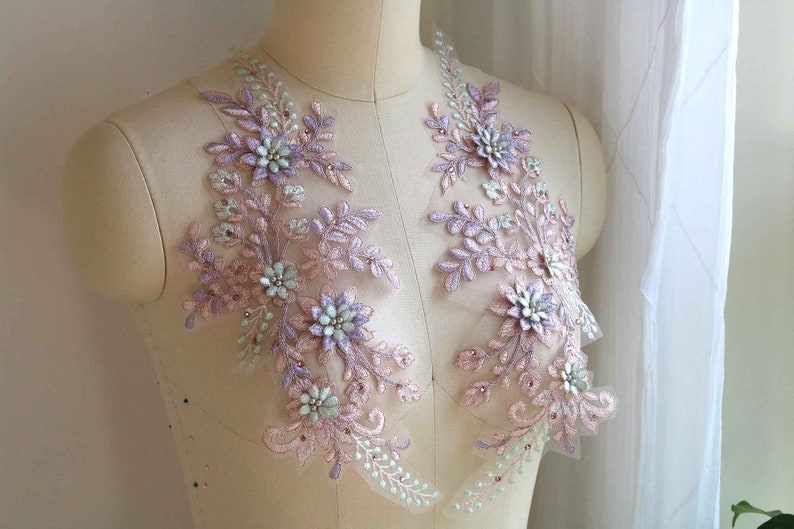 A154-b Pink Mint Lavender Corded Lace Applique, Large Mirror Pair Lace, Dancing Costume Lace Applique, 3D Lace Applique, Pearl Beaded Lace image 4