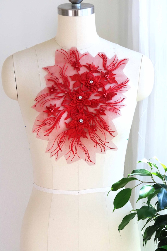 ROSSO LUMINOSO strass 3D perla fiore con perline applique in pizzo