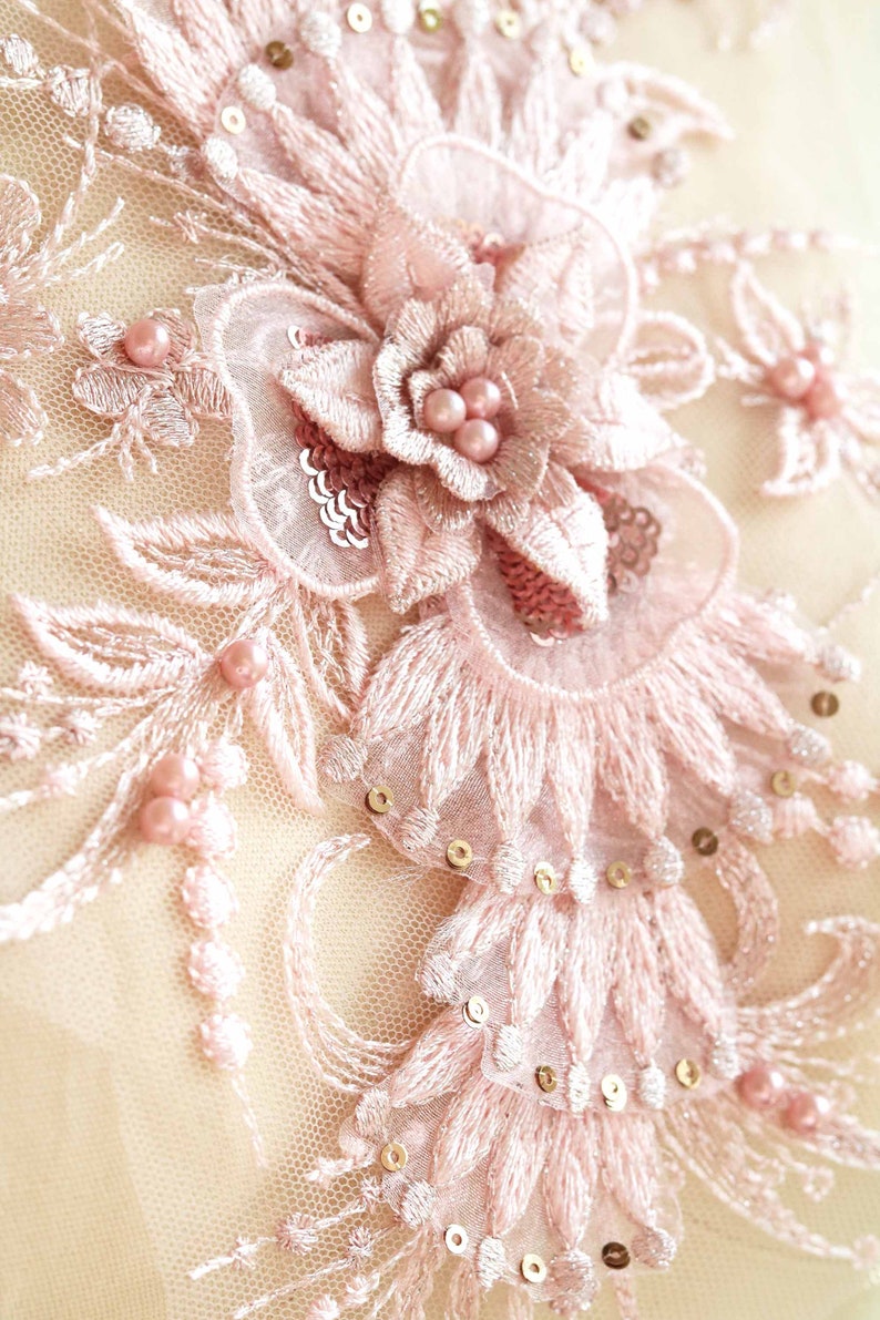 Pearl Beaded Applique Dancing Costume Lace Lyrical Dancing Costume Lace 3D Lace Applique A166-a Rose Gold Lace Appliqu\u00e9