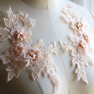 PEACH 3D Floral Lace Applikation mit Blumen und Blättern, Coral Spiegel-Paar für Tanzende Kostüme, Kleidung, Kleider A189-H