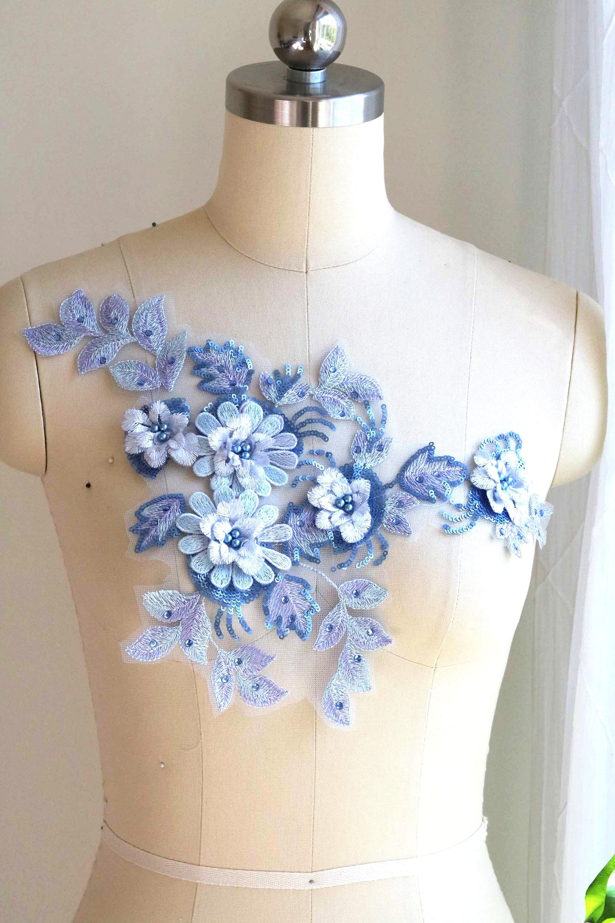 A145-b Dusty Blue and Lavender Lace Applique Pearl Beaded 3D - Etsy