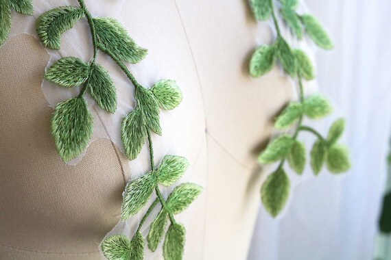 Green Sewing Applique Forest Leaves Lace Motif Trims Embroidery Vine Decorative Patches For Craft Projects Lyrical Gown 1 Pair