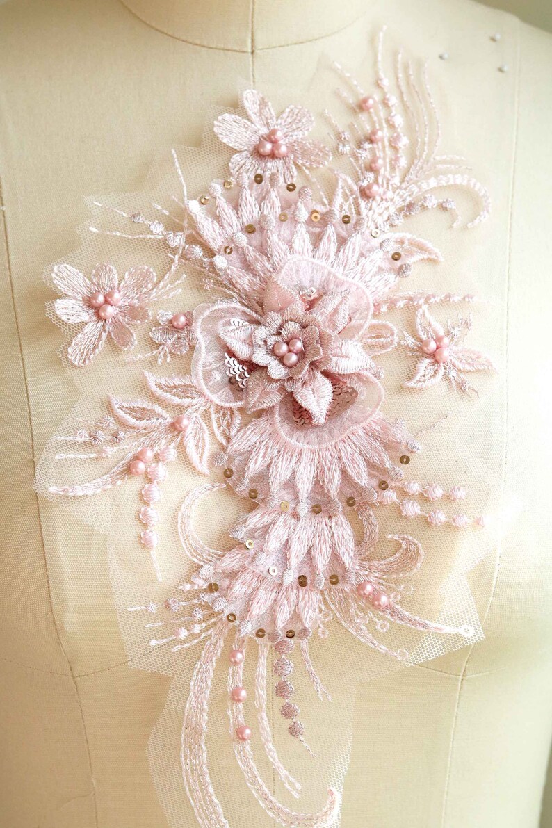 Pearl Beaded Applique Dancing Costume Lace Lyrical Dancing Costume Lace 3D Lace Applique A166-a Rose Gold Lace Appliqu\u00e9