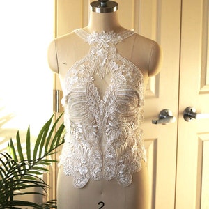 LUXUS Neckholder-Neck Leichte Elfenbein Schwere Perlen-Spitze-Applikation, hochwertige Viskose Mieder-Spitze für Hochzeitskleid, Schleier, Ballett, elegantes Kleid A079