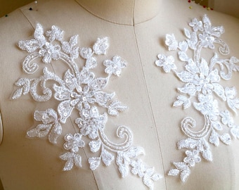 Applique in pizzo bianco sporco con perline 3D per costume da ballo, abito da sposa fatto a mano in avorio con applicazioni in pizzo specchiato, velo da sposa in pizzo A267a