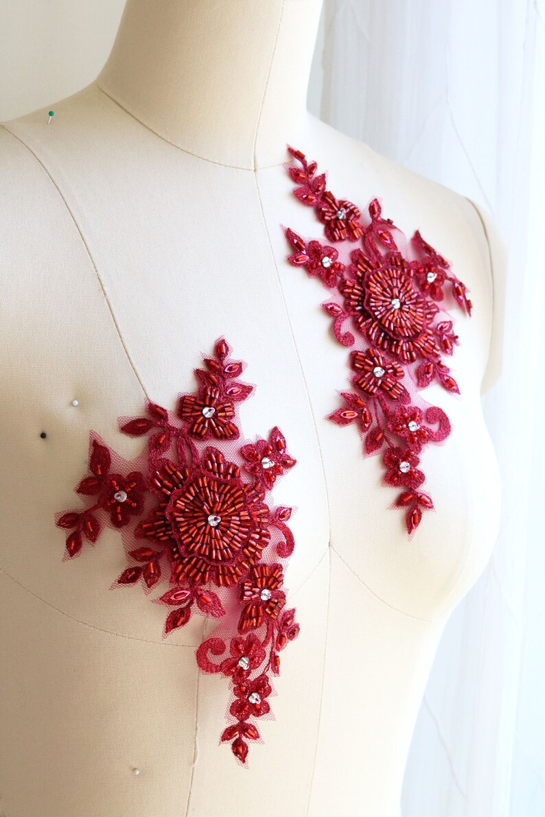 A162-e Handmade Burgundy Beaded Lace Appliqué 3D Lace | Etsy