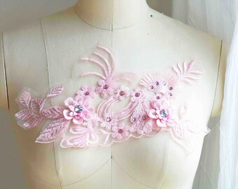 オフホワイト 3D クリスタルフラワー刺繍レースアップリケ ライン