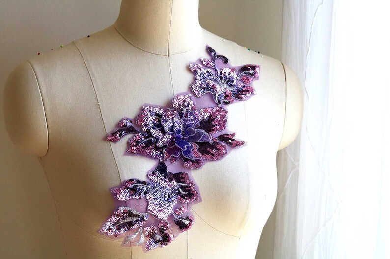 3d Sequin Lace Applique Lace Applique Bling Dancing Costume Lace Applique Purple A190-a Purple Sequins Lace Applique Shiny Lace Applique