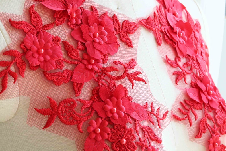 Bright Red Lyrical Dancing Lace Bead on Pearl Lace Applique Red Dancing Costume Lace Applique A139-c Red 3D Lace Applique Mirror Pair