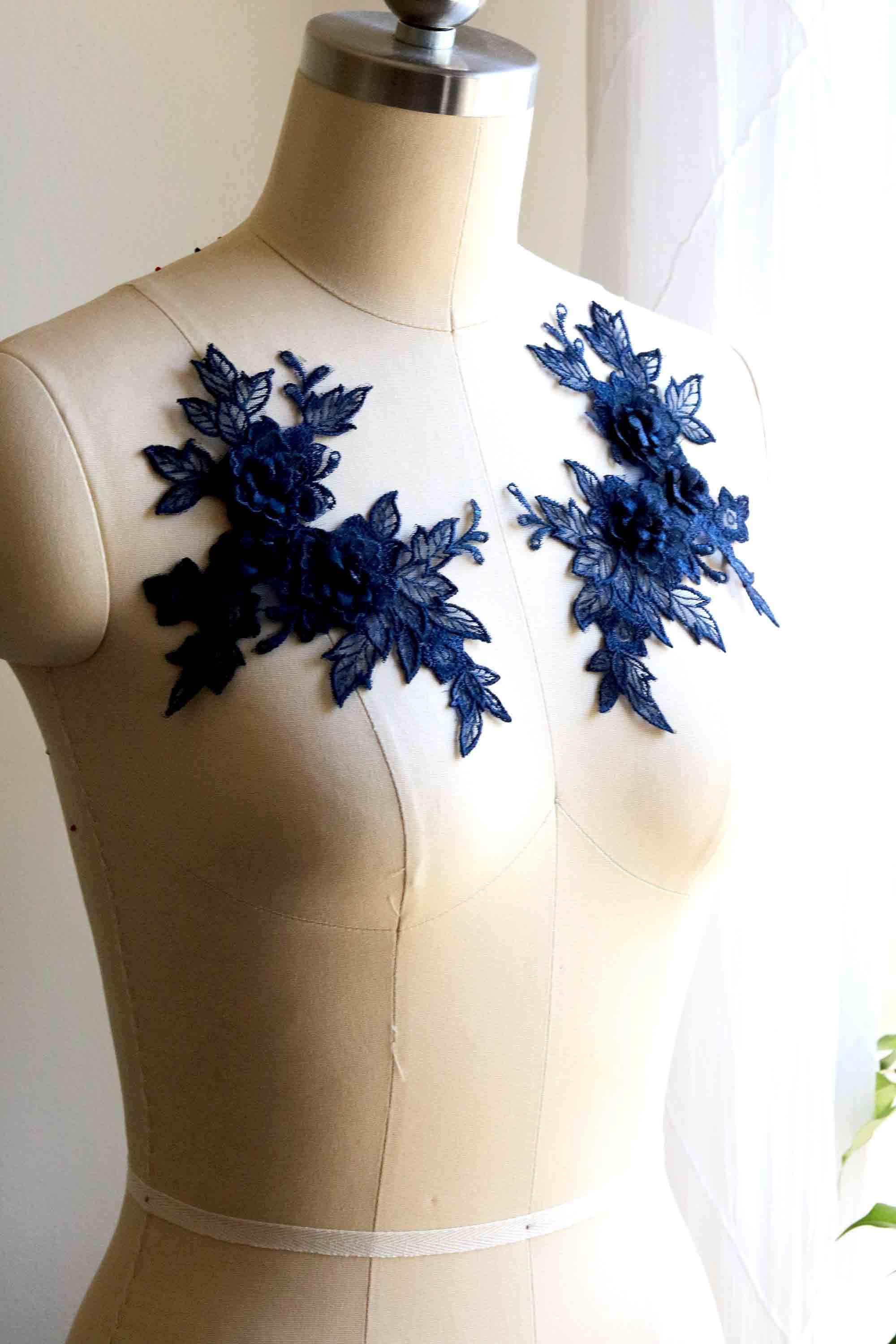 Applique En Dentelle Florale Bleu Marine à Coudre Sur Robe - Motif Floral Bleu Marine (M4a