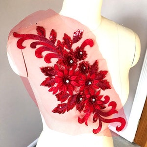 RED 3D Floral Lace Applique with Sparkling Sequin and Rhinestones for Lyrical Dancing Costume, Evening Gown, Prom Dress A027-G