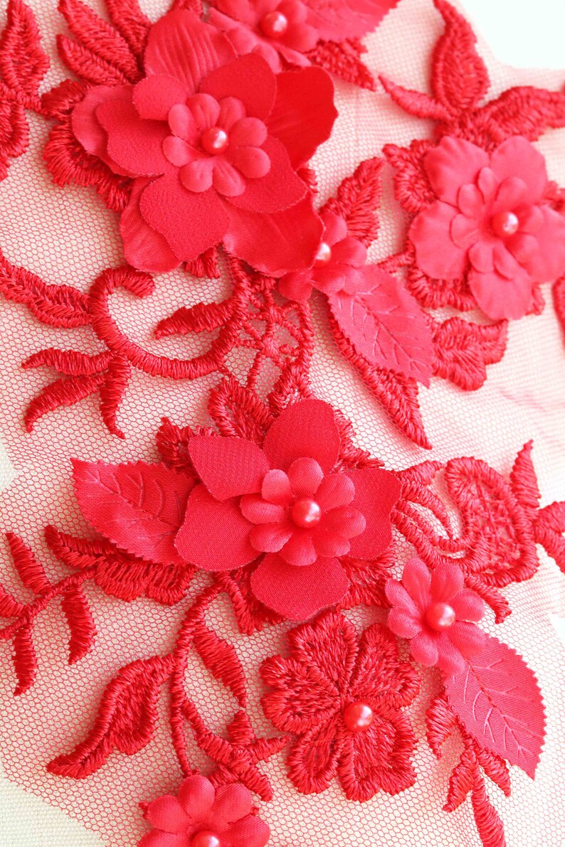 Bright Red Lyrical Dancing Lace Bead on Pearl Lace Applique Red Dancing Costume Lace Applique A139-c Red 3D Lace Applique Mirror Pair